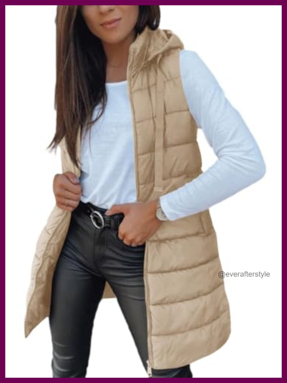 Women Long Sleeveless Hooded Puffer Vest Quilted Winter Outerwear